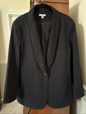*Halston Black Single-Button Blazer w Silver Zipper Bead Trim Classic Business